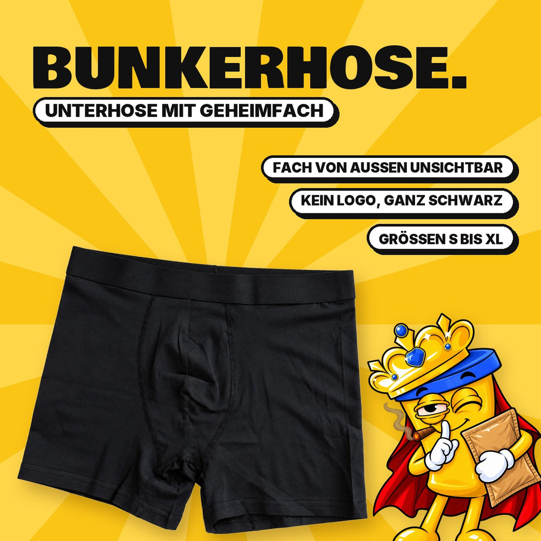 Unterhose mit Geheimfach: schwarze Boxershorts ohne Logo, Fach von außen unsichtbar