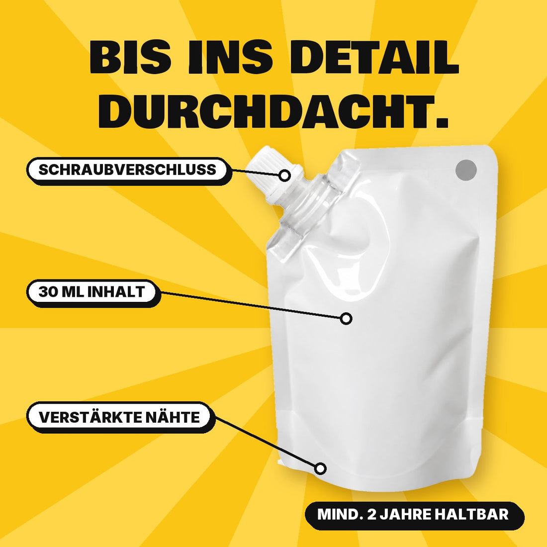 Synthetischer Urin im 30-ml-Beutel mit Schraubverschluss und verstärkten Nähten, mindestens 2 Jahre haltbar