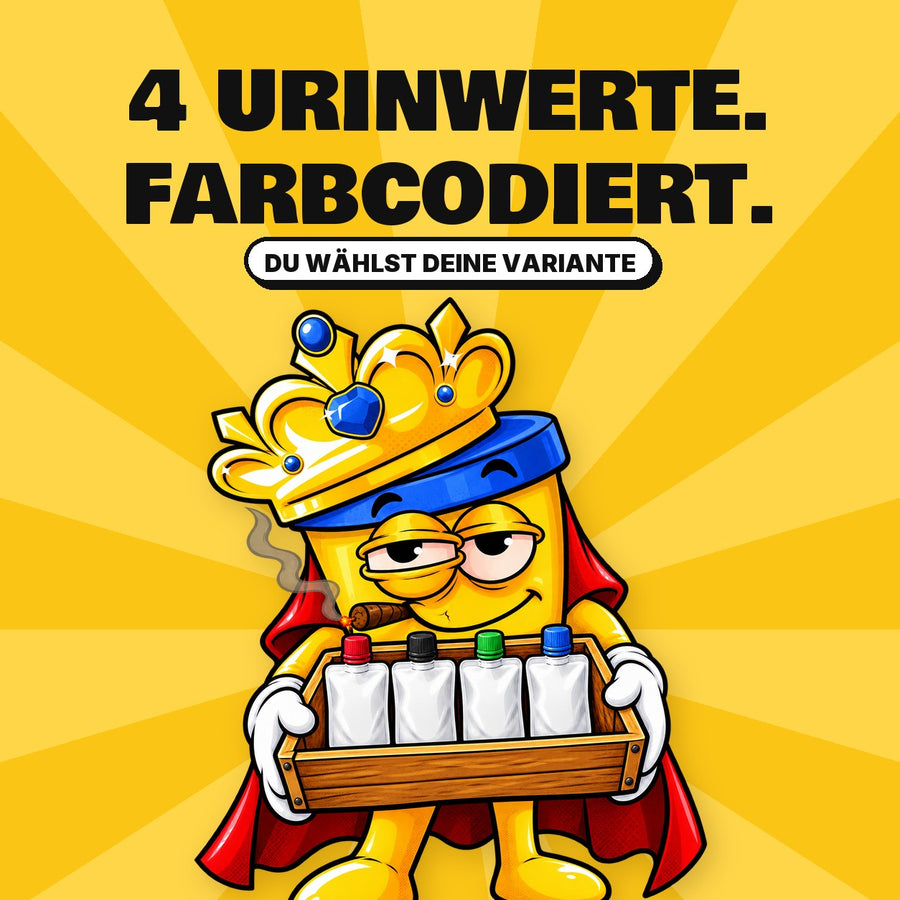 Synthetischer Urin in vier Varianten: farblich gekennzeichnete Kunsturin-Beutel