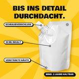 Kunsturin-Beutel im Detail: Schraubverschluss, 30 ml synthetischer Urin, verstärkte Nähte